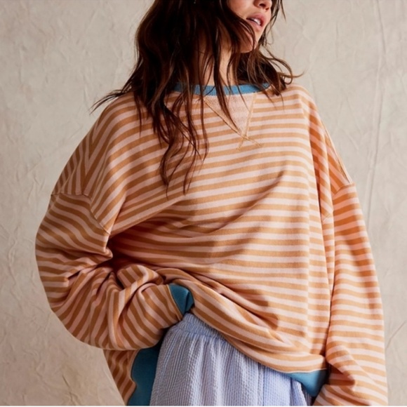 We The Free Tops - We The Free Peach & Cream Striped Oversized Long Sleeve Top